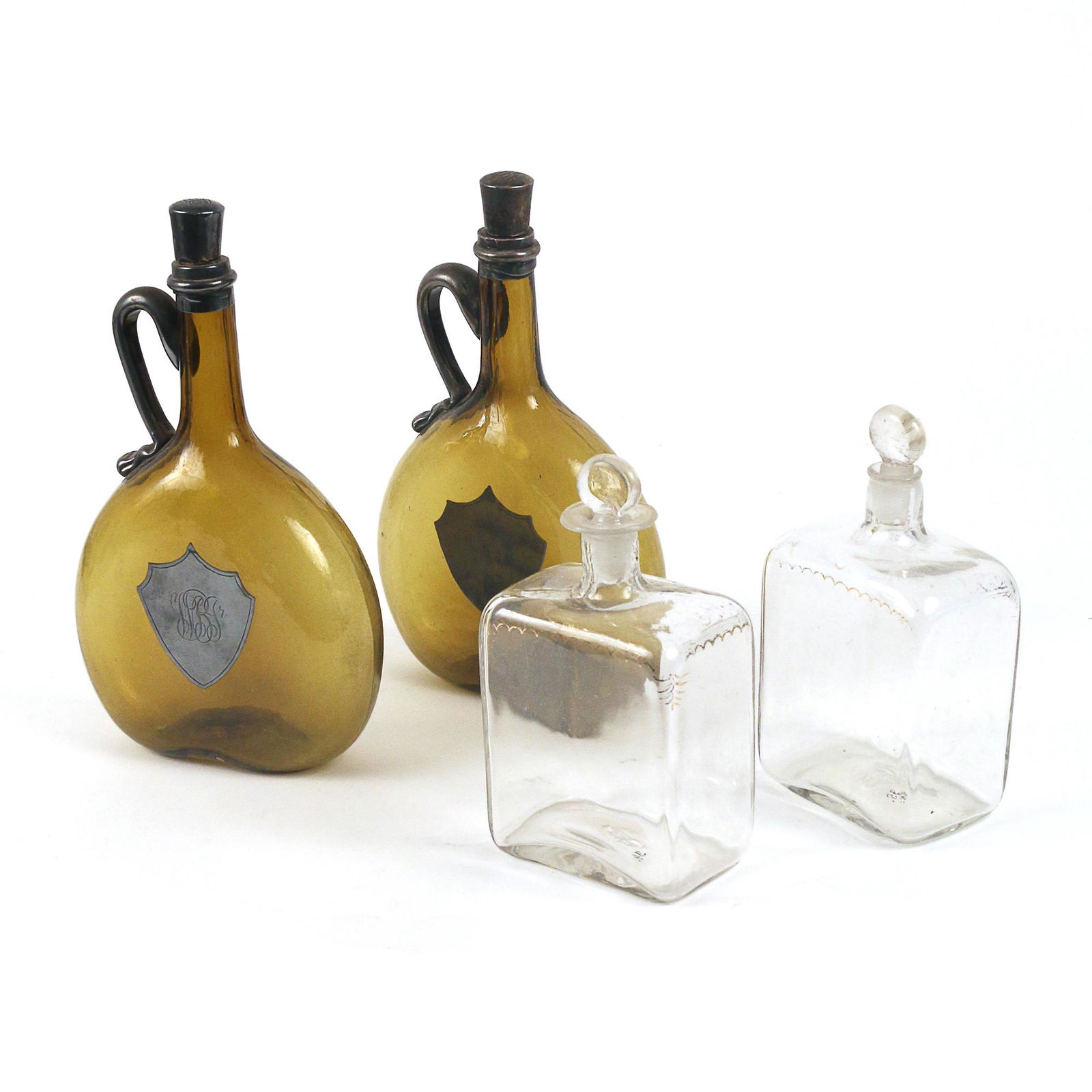 (4pc) EARLY 19th C. HAND BLOWN GLASS BOTTLES (1 of 10)