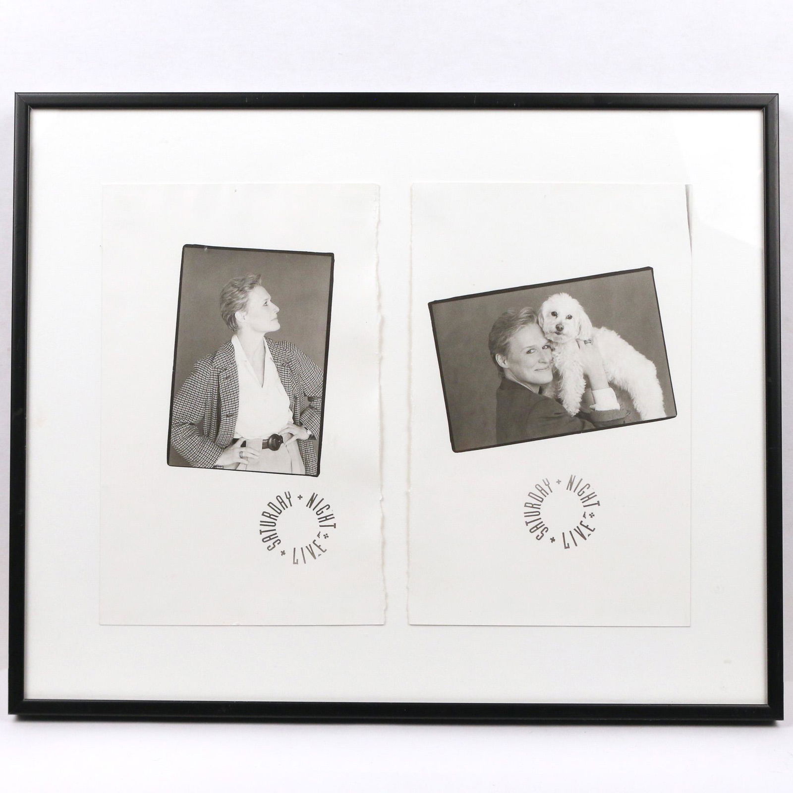 GLENN CLOSE PHOTOS FROM SATURDAY NIGHT LIVE: two prints of Glenn Close and her dog, stamped "SATURDAY NIGHT LIVE"; set in single frame h. 7-7/8 w. 5 in. (each sheet) overall: 11-1/4 x 13-3/4 x 7/8 in. (frame) Provenance: Collection of Glenn Clos