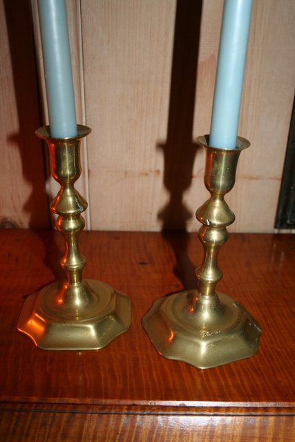 PAIR E. 18TH C. Q. A. PEDAL BASE BRASS CANDLESTIC