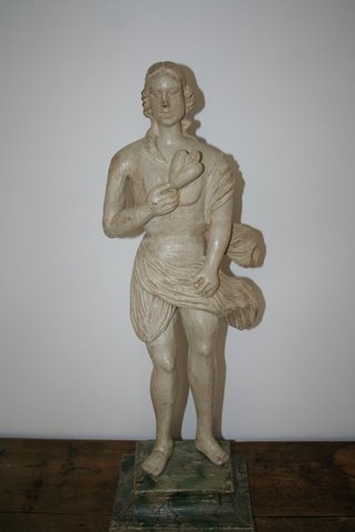 19TH C. PAINTED WOODEN SCULPTURE OF FEMALE HOLDIN