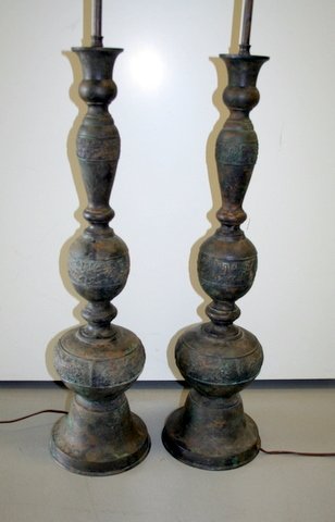 PAIR BRONZED KOREAN TURNED LAMPS W/SHADES, H. 26