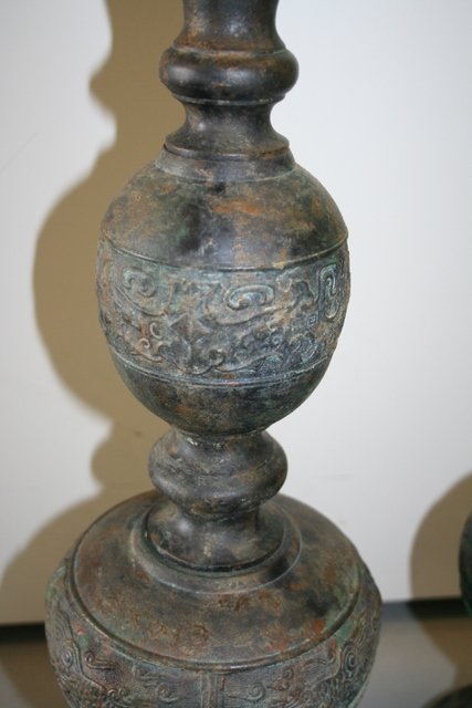 PAIR BRONZED KOREAN TURNED LAMPS W/SHADES, H. 26 - 2
