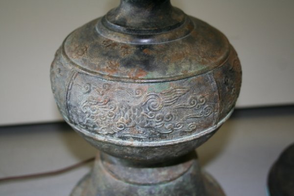 PAIR BRONZED KOREAN TURNED LAMPS W/SHADES, H. 26 - 3