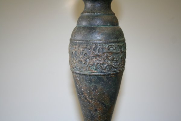 PAIR BRONZED KOREAN TURNED LAMPS W/SHADES, H. 26 - 4
