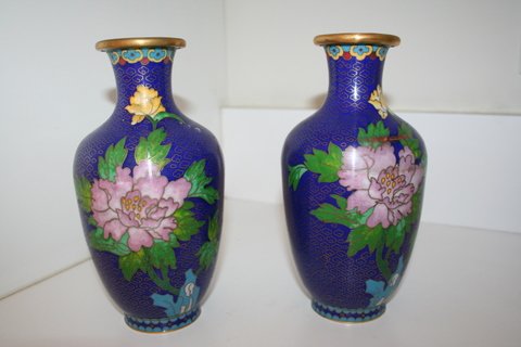 PAIR JAPANESE CLOISONNE VASES, BALUSTRADE FORM