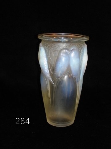 RENE LALIQUE CEYLAN VASE: SGD. R. LALIQUE IN BLOCK LETTERS, FRANCE ON UNDERSIDE, PROV. MARGARET MALVAL ESTATE, COND. 2-LRG. CHIPS ON UNDERSIDE, 1-EXTENDS TO FOOT RIM SLIGHTLY, H. 9 1/2", DIA. 5 1/4"