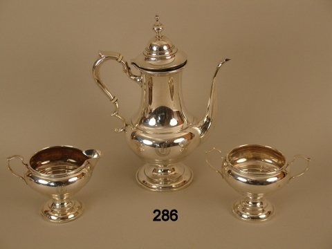 BLACK STARR & FROST STERLING SILVER 3-PC. AFTER: TOT. WGT. 23 TOZ W/INITIALS, H. COFFEE POT. 10 ¼", COND.: LID DOESN'T CLOSE WELL, NEEDS HINGE ADJUSTMENT, BODY W/DING, FOOT RIM DENTED, BONE INSULATORS, CREAMER FOOT RIM W/SLIGHT DENT
