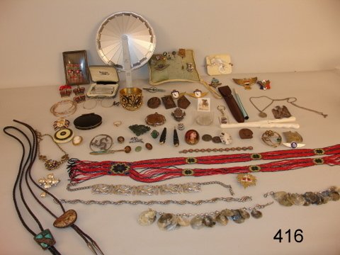 MISC. LOT VINTAGE COSTUME JEWELRY & ACCESSORIES: INCL.: 4-9 CT YELLOW GOLD BANGLES, 27 GMS; 2-CORO NECKLACES; 2-S.W. STRING TIES; BEADED S.W. NECKLACE; OVAL HAND PAINTED MIDDLE EASTERN PIN, ETC.