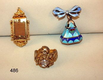 14KYG MAN'S RING & LAPEL WATCH & LOCKET: 14KYG MAN'S RING W/.4 CT DIAMOND, ARAB W/TURBAN & ENTWINED SNAKE, NO FINENESS MK, TESTS TO 14K.; GORHAM ENAMEL LAPEL WATCH SET IN STRL. SILVER; GOLD PLATED LOCKET