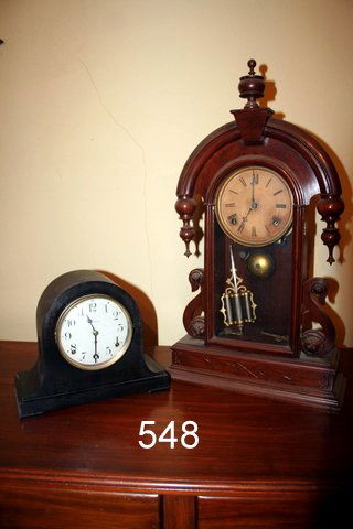 2-CLOCKS: AMERICAN CLOCK CO. VICTORIAN WALNUT MANTLE CLOCK, H. 24" OVER FINIAL; SETH THOMAS MANTEL CLOCK