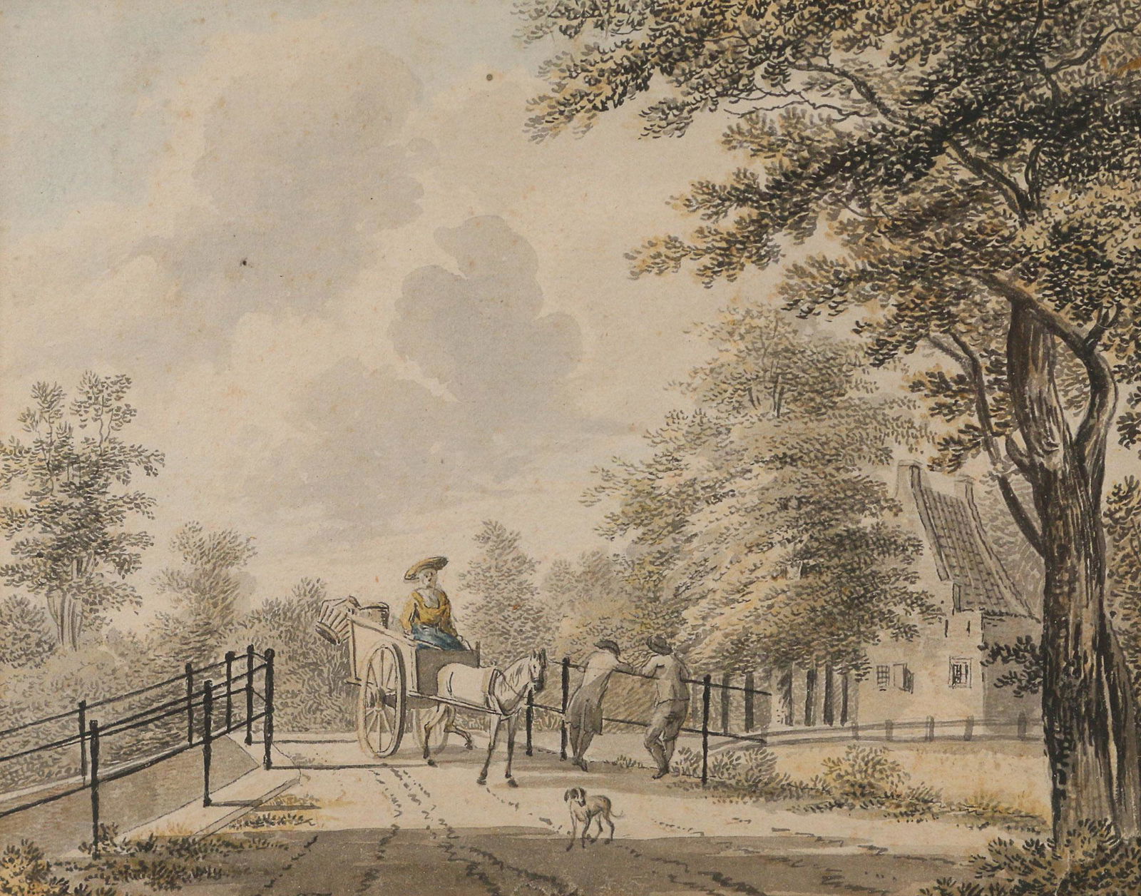 HENDRIK TAVENIER (Dutch, 1734-1807): merchant on road watercolor on paper h. 5 w. 6-1/4 in., sight overall: 14-3/4 x 15-1/2 in., framed Dutch School (18th century), showing a merchant woman riding down the road in her horse drawn cart to