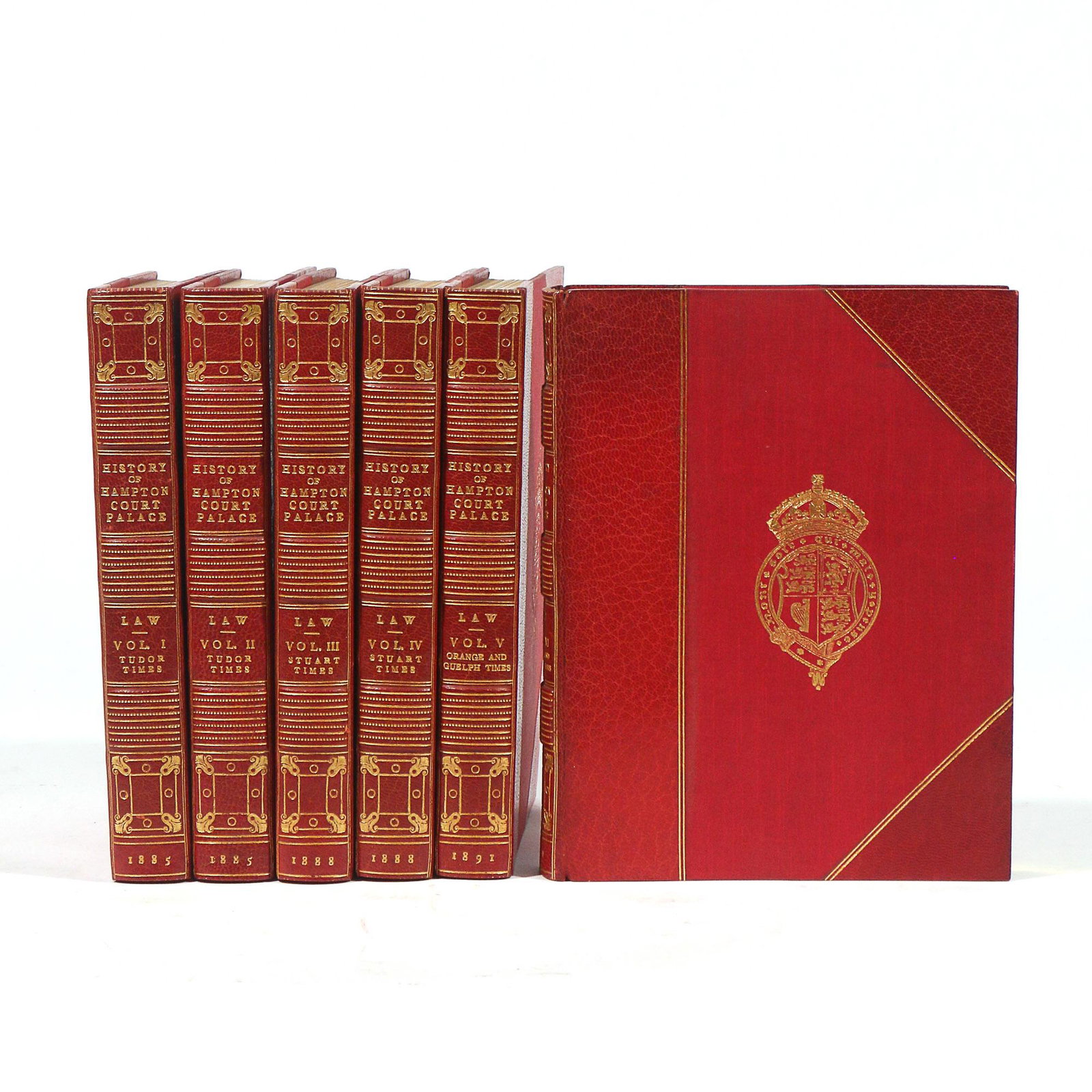 (6vol) HISTORY OF HAMPTON COURT PALACE: "The History of Hampton Court Palace in Tudor Times... by Ernest Law, B.A... London: George Bell and Sons," 1885-1891, with many illustrations throughout, 8vo, finely bound in three-quarter red morocc