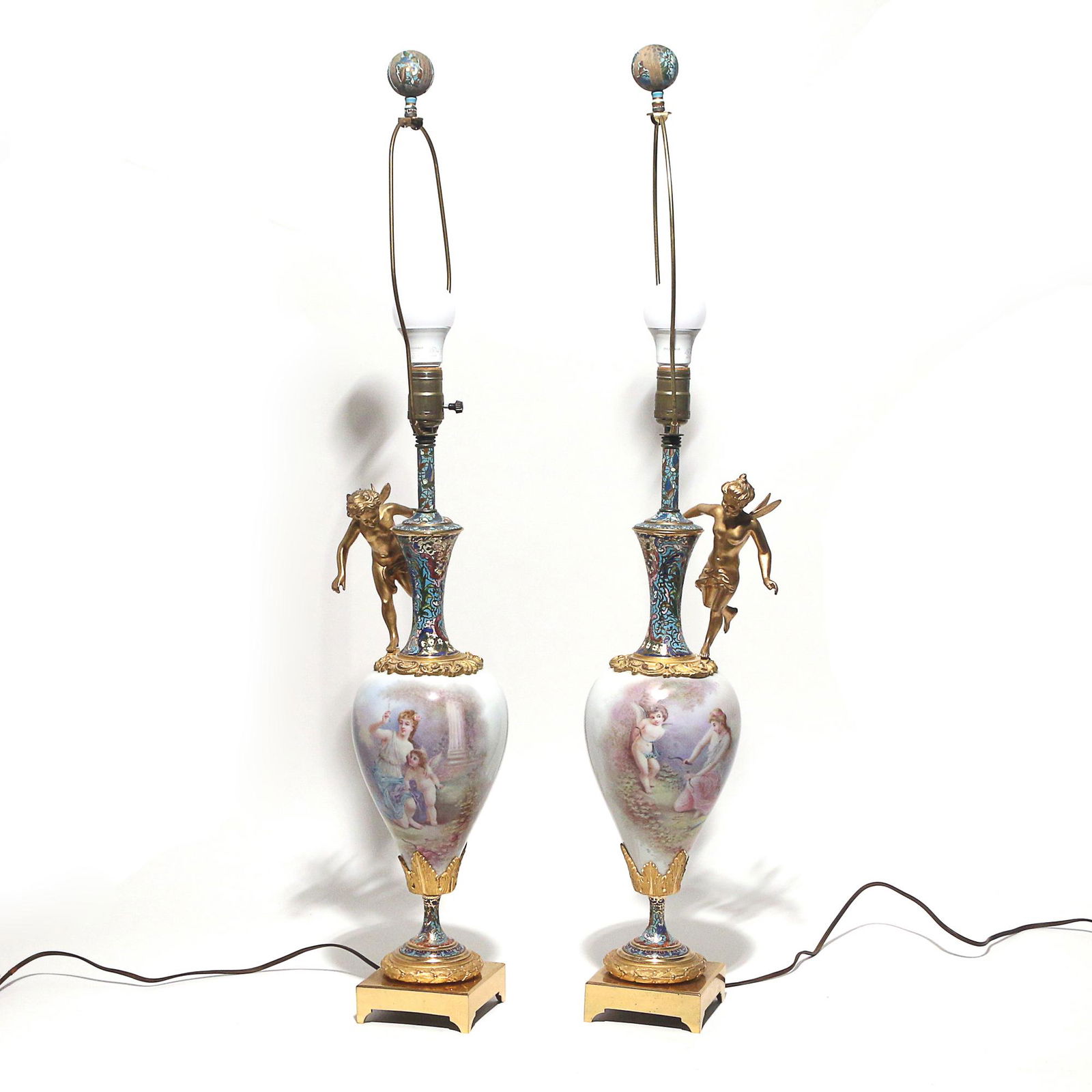PAIR SEVRES CHAMPLEVE & PAINTED PORCELAIN LAMPS (1 of 17)