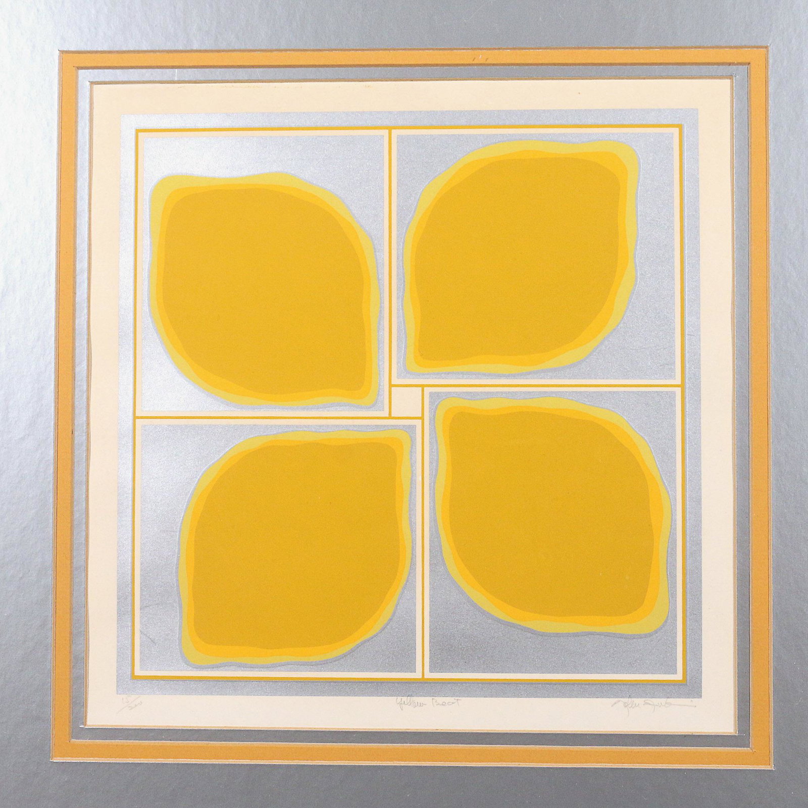 NOBU FUKI (Japanese-American, b. 1942): Yellow Beat silkscreen h. 9 w. 9 in., sight overall: 19-1/4 x 19-1/4 in., framed showing what appear like lemons; pencil signed lower right, titled lower center, ed. 15/200 lower left Provenance: desc