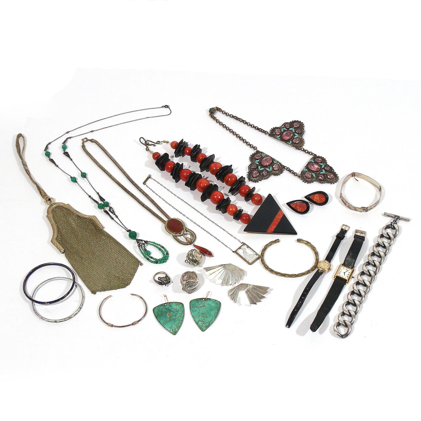 LOT COSTUME JEWELRY, WATCHES, DANCE PURSE (1 of 7)