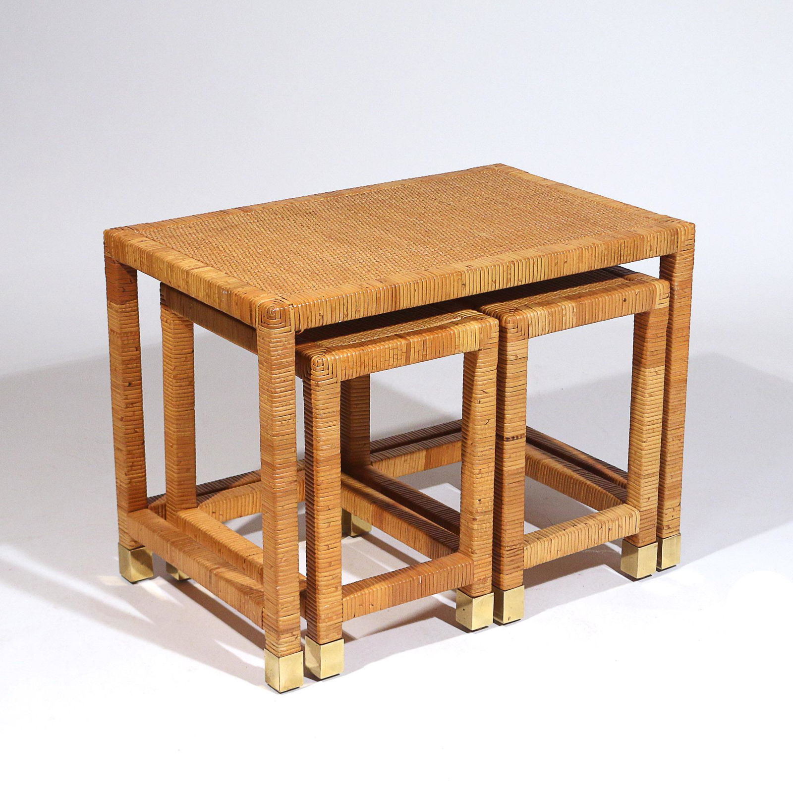 (3pc) SET BIELECKY BROS. RATTAN NESTING TABLES (1 of 9)