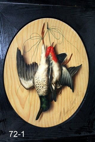 72) PAIR MICHAELANGELO MEUCCI (1840-1890) O/B: TROMP L'OEIL; GAME BIRDS; SIGNED M. MEUCCI, FLORENCE 1875, OVAL SHAPE:EA. 19" X 15";