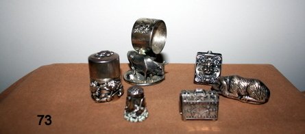 73) 5-PC. OBJET D' ART LOT: INC. GORHAM MATCH SAFE: GORHAM SILVER PLATED DOG MATCH SAFE; MINIATURE SILVER SUITCASE; SILVER PILL BX; COV'D JAR; S.P. NAPKIN RING W/UPRIGHT COW