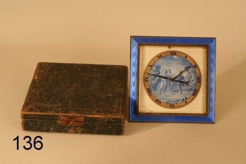 136) ANGELUS ENAMEL & PAINTED TRAVEL CLOCK: HAND PAINTED SCENE OF THREE FROLICKING FEMALES, 5 X 5", ORIGINAL BOX