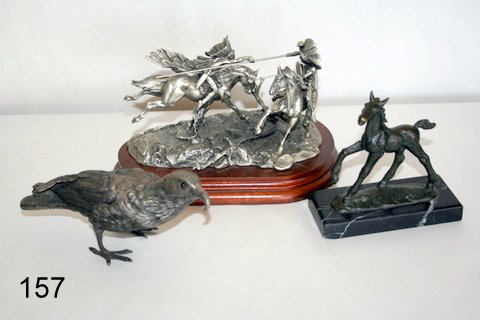 157) 3-PC. SCULPTURE LOT: BRONZE OF COLT, SGD. E. SARLMANN, H. 4", MOUNTED ON MARBLE BASE; SILVER PLATED BIRD W/HINGED HEAD; PEWTER INDIAN GROUP, SGD. POLLAND, & D. 1980, ED. 2500, 1-FIG. MISSING WEAPON, L. 7"