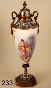 233) L. 19TH C. SEVRES-TYPE URN W/LID: & HAND PAINTED SCENE; W/BANDS OF CHAMPLEVE DECORATION & ORMOLU MOUNTS, H. 12 3/4"