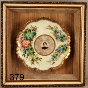 379) L. 19C. FRIENDSHIP PLATE W/SIGNATURES OF FRIENDS: PLATE W/ENAMELING & HAND PAINTING, DIA. 9", SCALLOPED BORDER W-2-CHIPS, SHADOW BOX SIZE: 14 X 14"