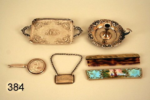 384) LOT: SILVER WAITER/CARTE DE VISITES TRAY: W/ DEDICATION & DATE 1898; 5 3/4" (OVER HANDLES) X 3", CONTINENTAL ORIGIN, PROBABLY AUSTRIAN; MINIATURE LADIES PENDANT MIRROR, L. 3" W/ENGINE TURNING & STYLIZED INITIALS, MIRRORED SURFACE DMGD.; VIENN