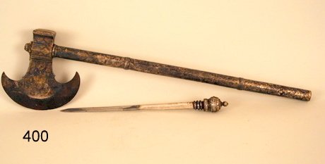 400) INDO-PERSIAN CEREMONIAL WAR AXE: PROBABLY 19TH C. IN QAJAR-STYLE W/CRESCENT-SHAPE INCISED AND TRACES OF GOLD DECORATION, HANDLE W/CONCEALED DAGGER, L. 19"