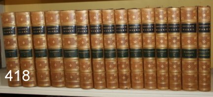 418) 15 VOLS 3/4 LEATHER WORKS OF WASHINGTON IRVING: 5 VOLS 3/4 LEATHER - LIFE OF GEORGE WASHINGTON, J. P. LIPENCOTT 1871, PHIL.; 3 VOL SET - LIFE & LETTERS OF WASHINGTON IRVING - SAME PUBLISHER; 3 VOL SET - THE LIFE & VOYAGES OF CHRISTOPHER COLUMBUS; 2