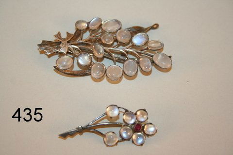 435) 2-LADIES MOONSTONE & STERLING SILVER PINS: 1-2 3/4 X 1 5/8; W/SM. LEAF BREAK