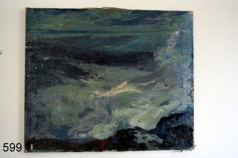 599) 3 EARLY 20TH CENT. AMERICAN OILS ON CANVAS: ONE: "EVENING SQUALL" SIGNED AMOS BIRDSAL (AMER. 1865-1938) SGD. & D. 1934, O/C. ; 26" X 22"; PAINTING OF HORSE AND RIDER SIGNED FREDA MILL ( AMER. 1904-1995) 1944; 17" X 20"; COWS IN A RIVER LANDSCAP