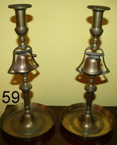 PAIR BRASS TAVERN CANDLESTICKS, C. 1840: H. 12 3/4", HAVING DEEP DISHED CIRCULAR BASE, RE.: THE BRASS BOOK BY PETER, NANCY AND HERBERT SCHIFFER, PG. 1875