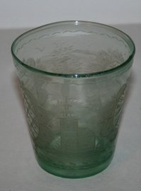 139) E. 19TH C. GREEN FLIP GLASS WITH ETCHED DECORATION