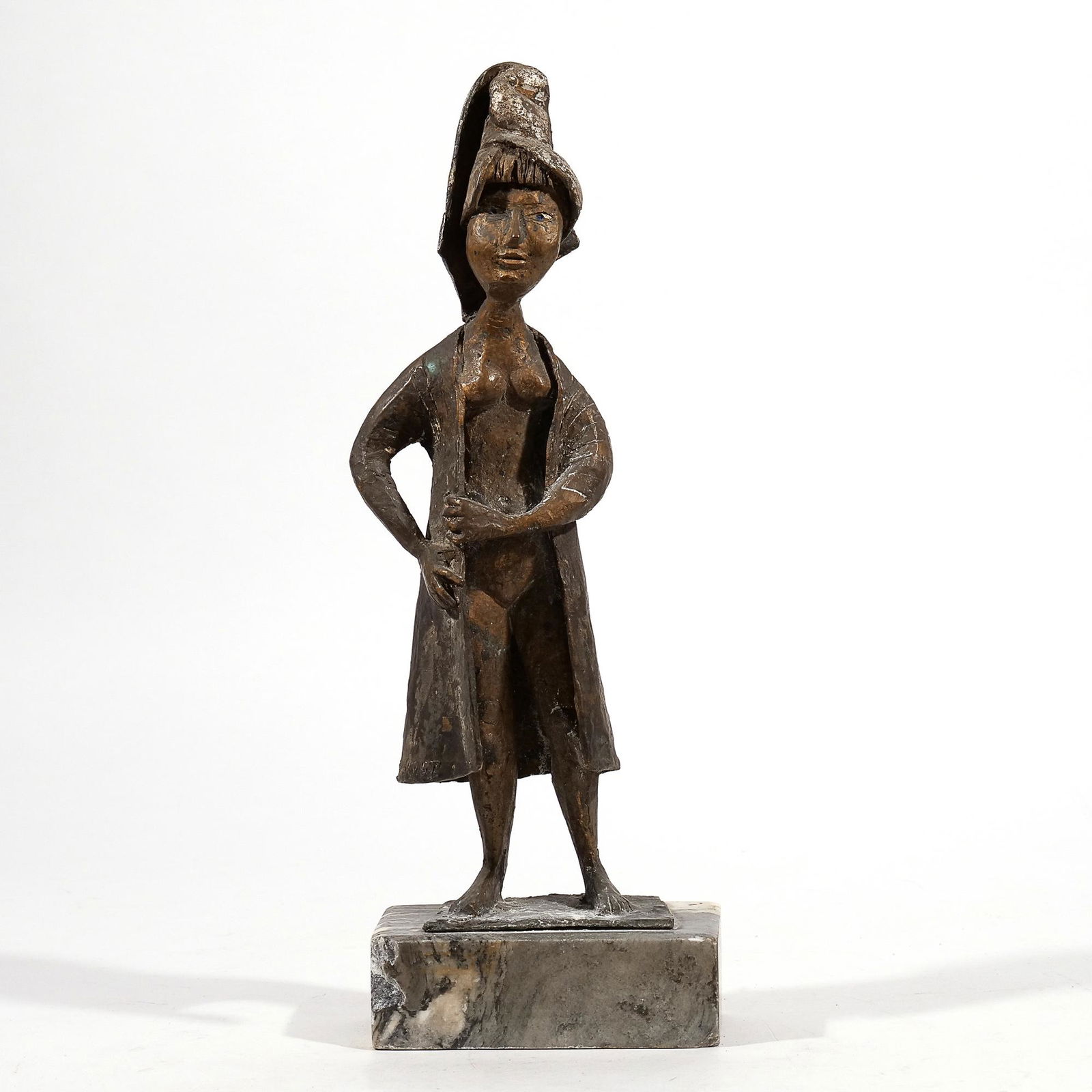 MILTON HEBALD (American, 1917-2015): bronze h. 14 in. (statue) Standing nude women with chapeau and an open robe, mounted on marble plinth; signed and dated 1956 on robe
