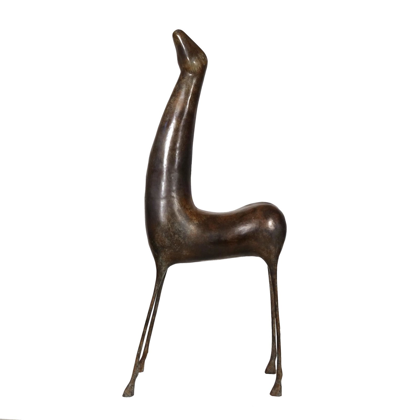 LIFE-SIZE BRONZE DEER (American, 20th century): Standing four-square, having attenuated neck, nicely patinated, signed on rear hoof "PETERSON" dated 1991, ed. 1/8 h. 71 x w. 27 x d. 12-1/2 in.