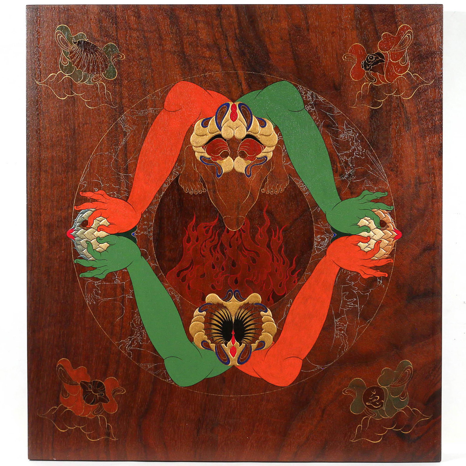 MEGUMI NAGAI (Japanese, b. 1951): Rinne II, 2011 oil and gold on wood h. 22-1/2 w. 20-1/4 in. Black walnut plaque painted with red and green figures centered by flames; signed in cursive script, with paper labels on verso