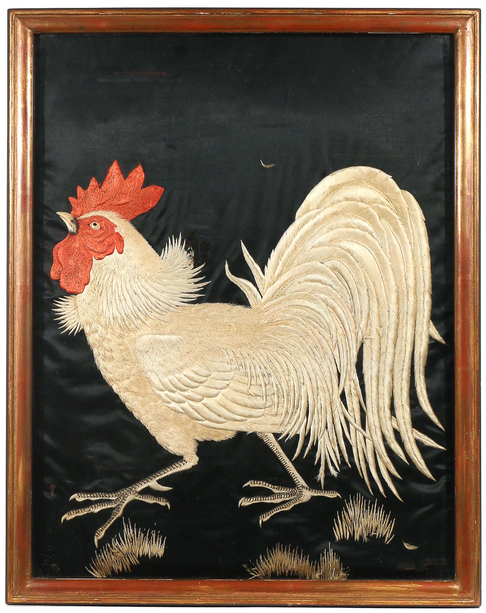 JAPANESE SILK EMBROIDERY: Late19th century, showing a rooster in white with intricately detailed feathers on a black ground h. 27-3/8 w. 21-1/2 in.
