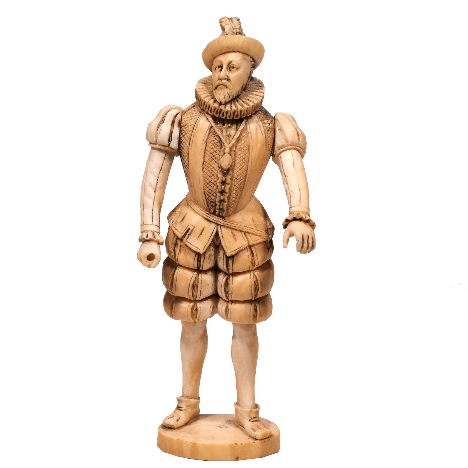 DIEPPE BONE CARVING OF A MAN: 19th Century, carved bone figure of a man in Tudor style clothing. h. 5-1/2 w. 1-1/2 d. 1-1/2 in.