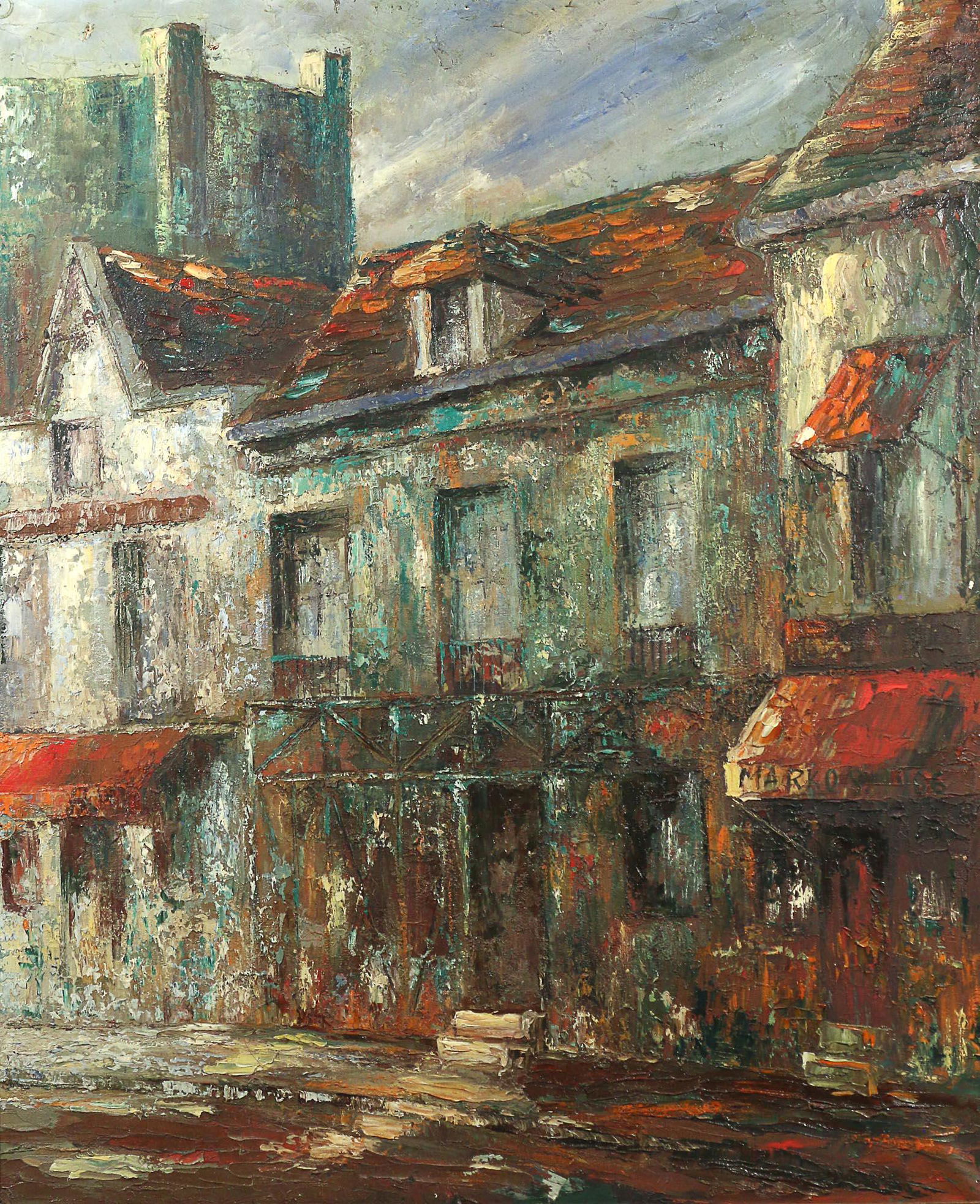 MARKO STUPAR (Yugoslavian/French, b. 1936): Montmartre oil on canvas h. 29 w. 24 in. overall: 35-1/2 x 30 in., framed Signed "Marko S. 1966" along a shop's awning lower left; signed on canvas verso "Marko Stupar, Paris 1966, Montmartre" Provena
