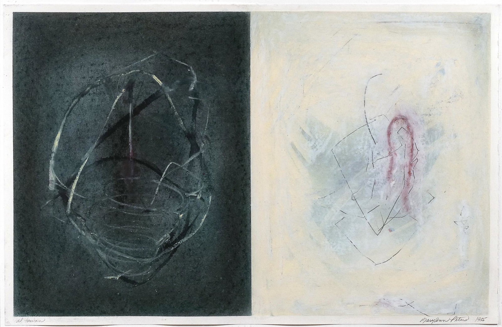 MARY ANN PETERS (American, b. 1949), DIPTYCH: AL TAWAN mixed media on paper h. 13 w. 20 in. (sight) overall: 25 x 31-1/2 in. (frame) Signed and dated 1985 lower right