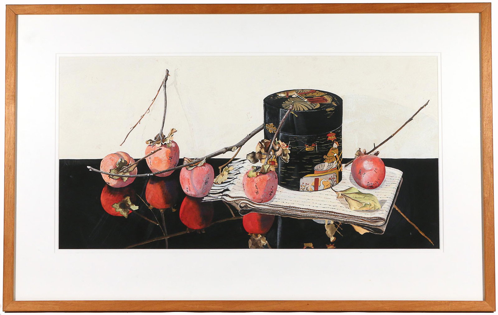 ANN ARNOLD (American, 20th Century): Parsimmons with Lacquer Box gouache on paper h. 13-1/4 w. 26-1/2 in. (sight) overall: 21-5/8 x 34-1/4 in. (framed) Still-life painting showing parsimmons on a reflective table beside a lacquer box on 