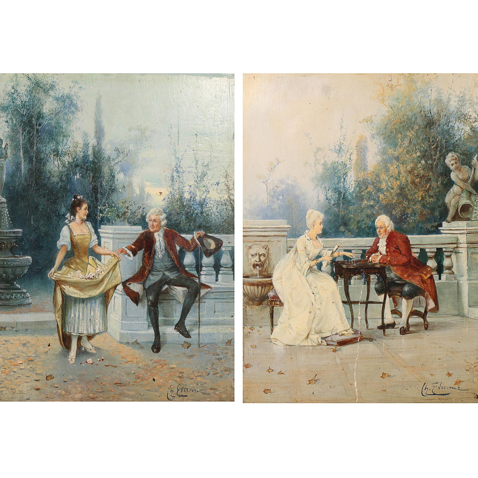 (2pc) CHARLES CORPET ETIENNE (French, 1831-1901): pair of courting scenes oil on panel h. 8-1/4 w. 6 in. (each) overall: 17 x 14-1/2 in. (each frame) Each painting showing a scene with a couple outside a chateau, playing chess in one, signed lower ri