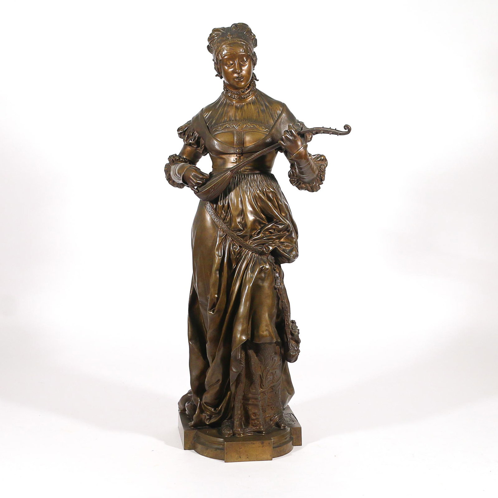CESAR CERIBELLI (Italian, 1841-1918): female minstrel bronze h. 28-3/4 w. 12 d. 12 in. (overall) Base signed 'C. Ceribelli'
