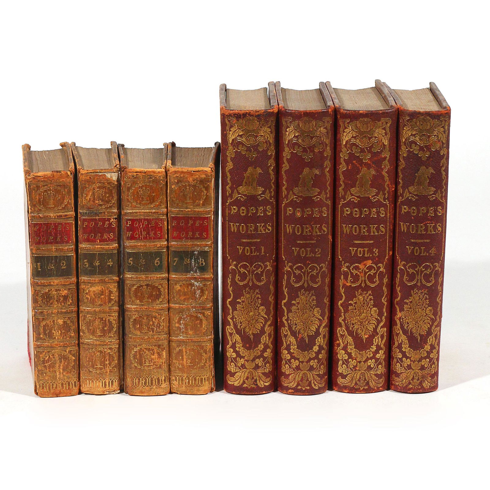 (8vol) TWO EDITIONS OF POPE'S WORKS: Including (4vols) THE WORKS OF ALEXANDER POPE, Esq., in Eight Volumes, London: J. Buckland and T. Longman, 1777, 12mo, bound in full calfskin with gilt tooled spines; and (4vol) THE COMPLETE POETICAL