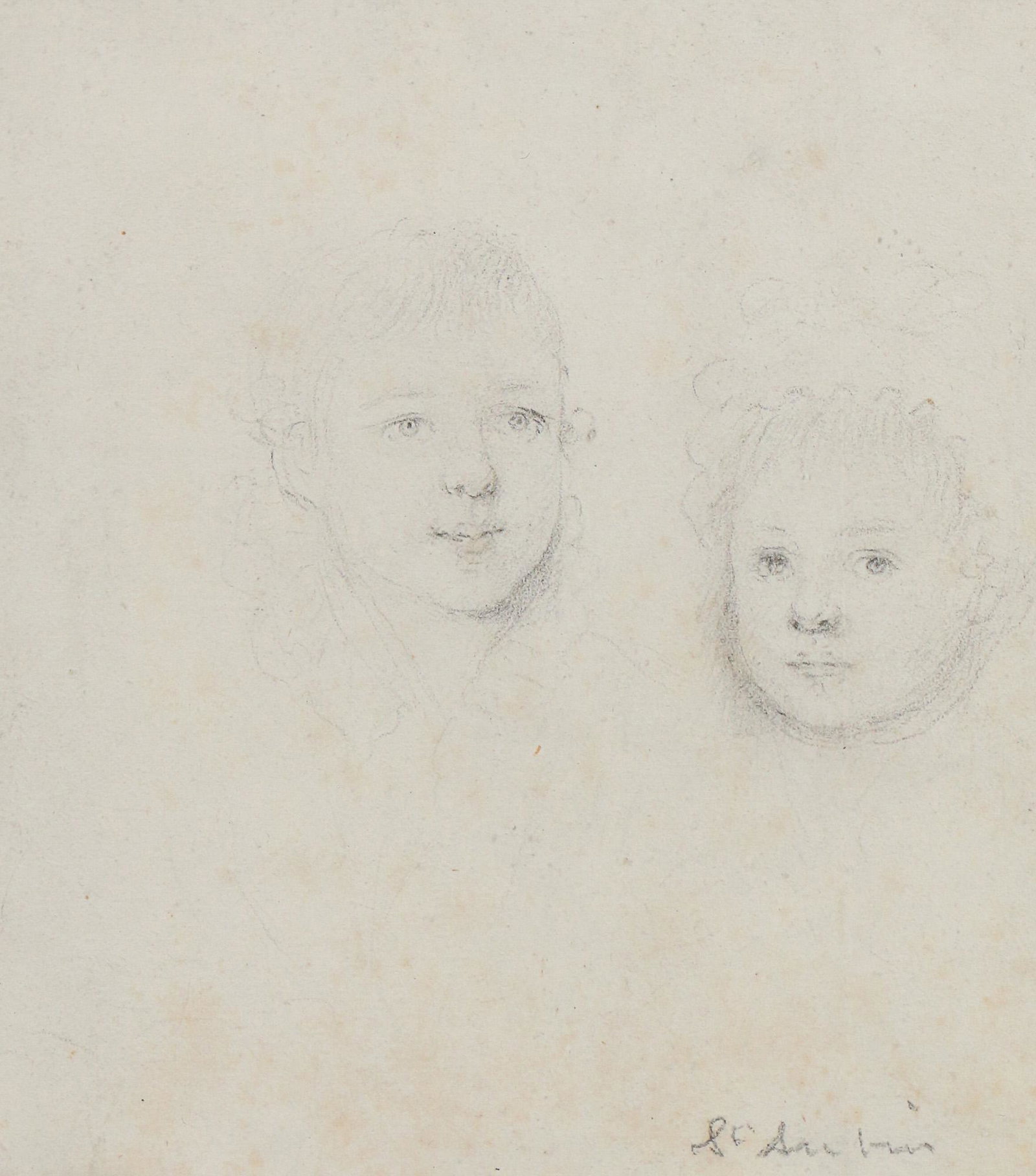 GABRIEL JACQUES DE SAINT-AUBIN (1724-1780): Study of two young children graphite on paper h. 4-1/2 w. 4 in. (sight) overall: 8-3/4 x 7-1/2 in. (frame) Signed "St. Aubin" lower right, in an early gilt carved frame Provenance:Thomas Babeor & Co.,