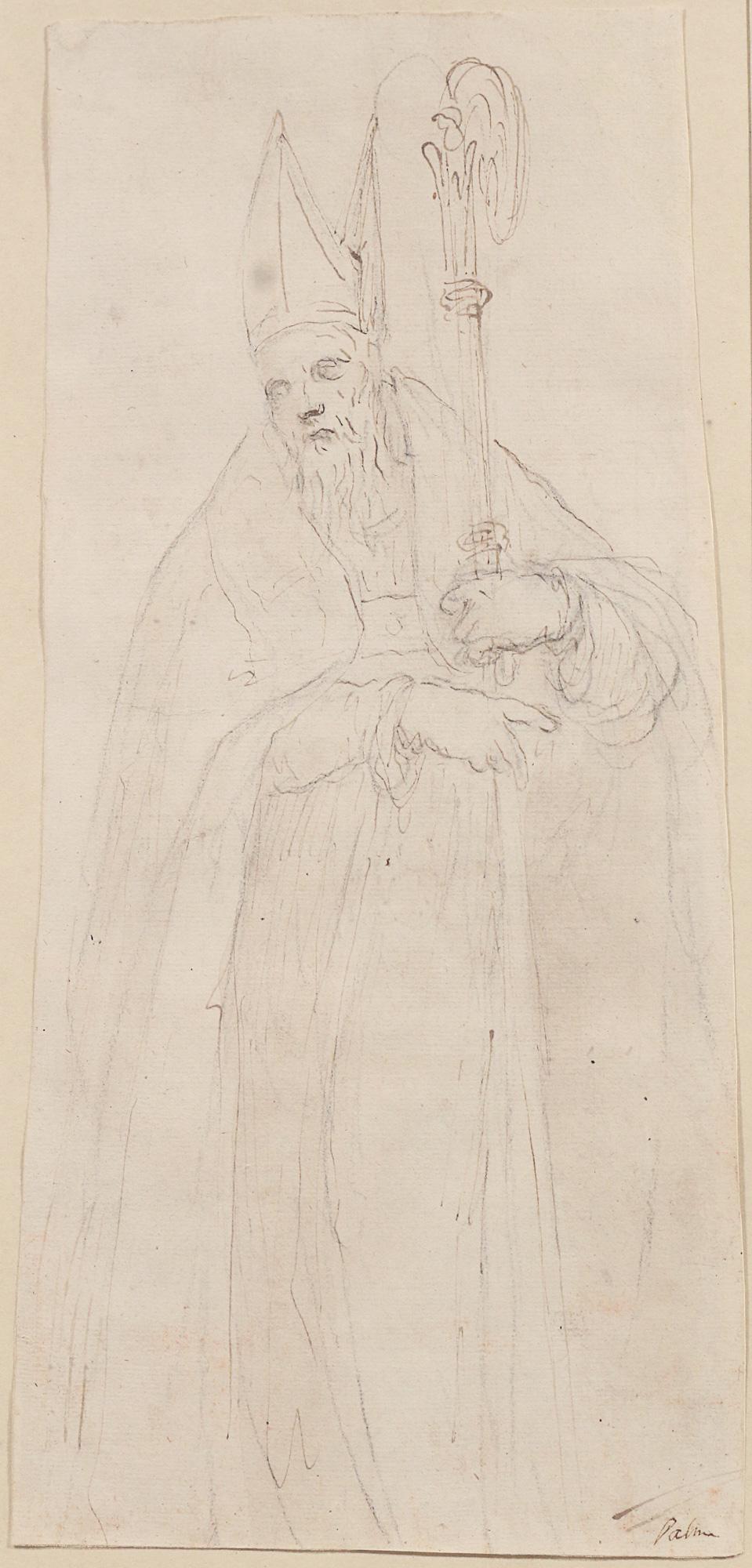 (ATTRIB) JACOPO PALMA IL GIOVANE (c. 1548-1628): Study of a bishop ink wash, pen, and graphite h. 11-3/8 w. 5-1/4 in. overall: 19-3/4 x 13-1/4 in. (frame) Inscribed "Palma" lower right, matted framed, with label on verso Provenance:Thomas Babeor & C
