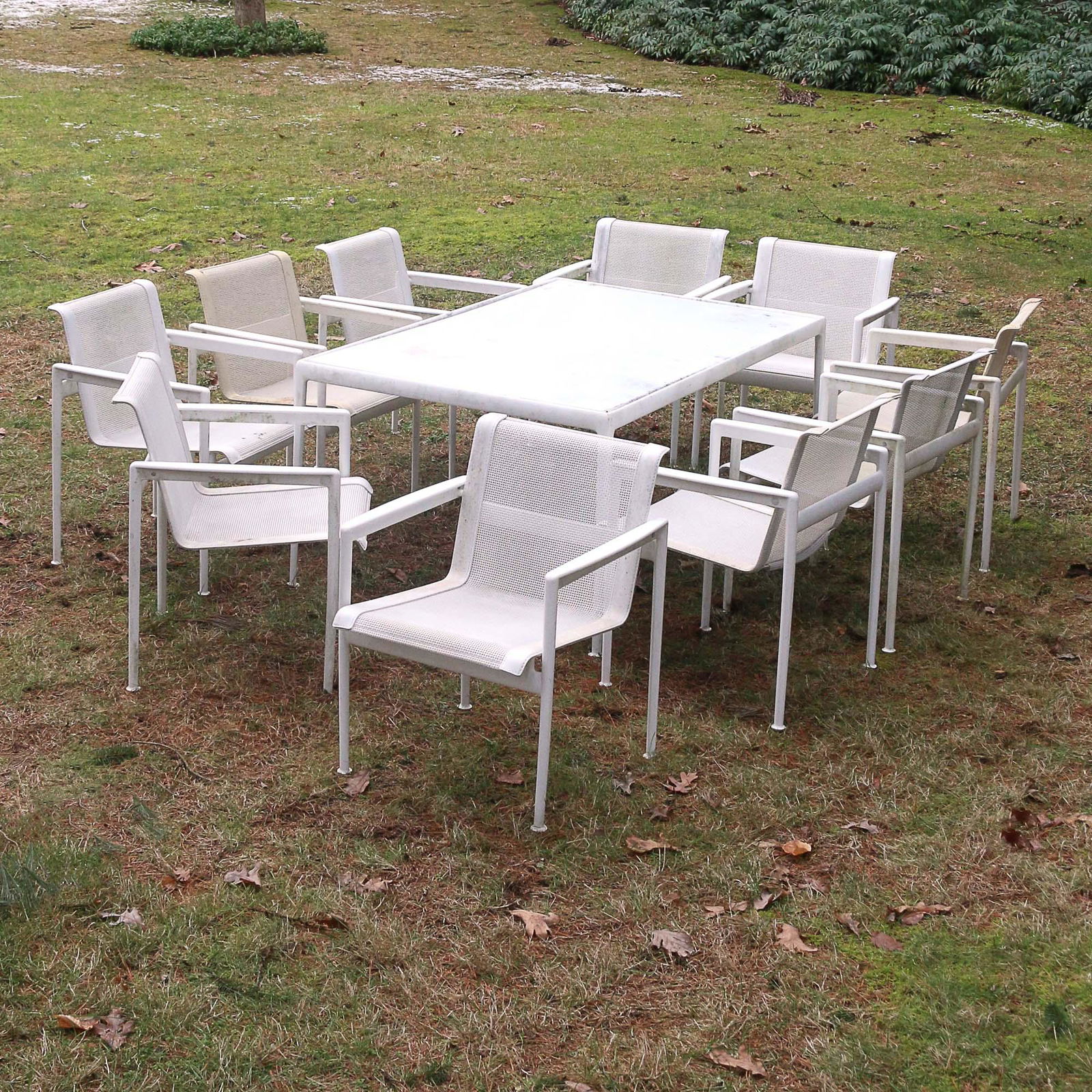(11pc) RICHARD SCHULTZ OUTDOOR PATIO SET: Including a dining table (h. 26 x 60 x 38 in.) and 10 dining chairs (h. 29 x 33 x 28 in.) Richard Schultz (American, b. 1926) Provenance:From the seventy-five acre estate of Mr. Errol Rudman, Bedford,