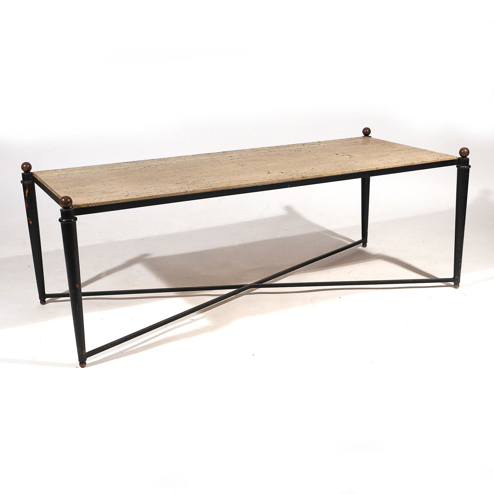 20th CENTURY TRAVERTINE TOP COFFEE TABLE: Iron legs and x-frame with travertine top h. 18 w. 50 d. 22-1/2 in. Furniture