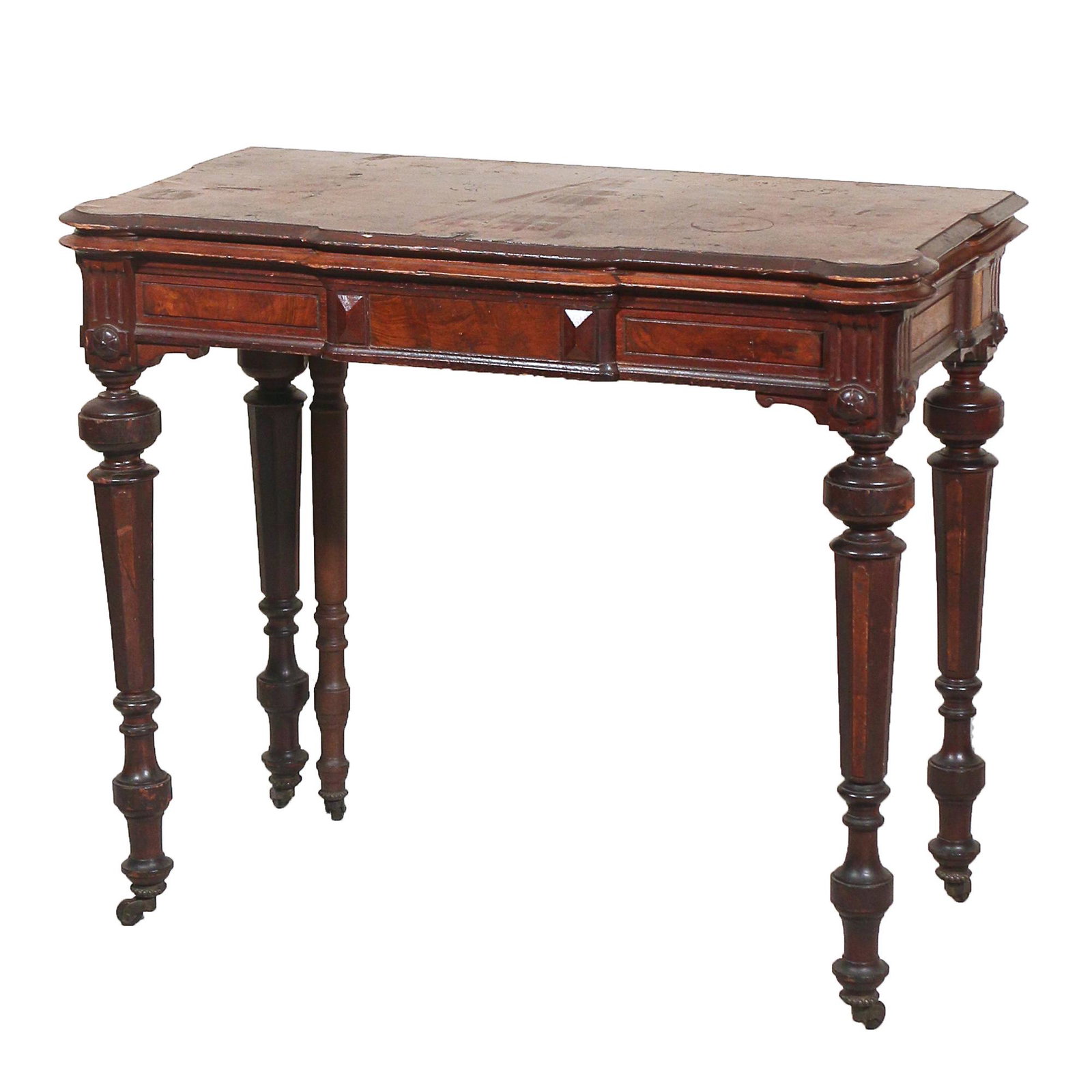 EARLY AMER. REVIVAL CARVED & PAINTED GAMES TABLE: having hand-painted card hands on velvet top playing surface with central floral design h. 30-1/2 w. 35 d. 17 in. Provenance:Descent through the family of a Pound Ridge, NY nonagenarian lady