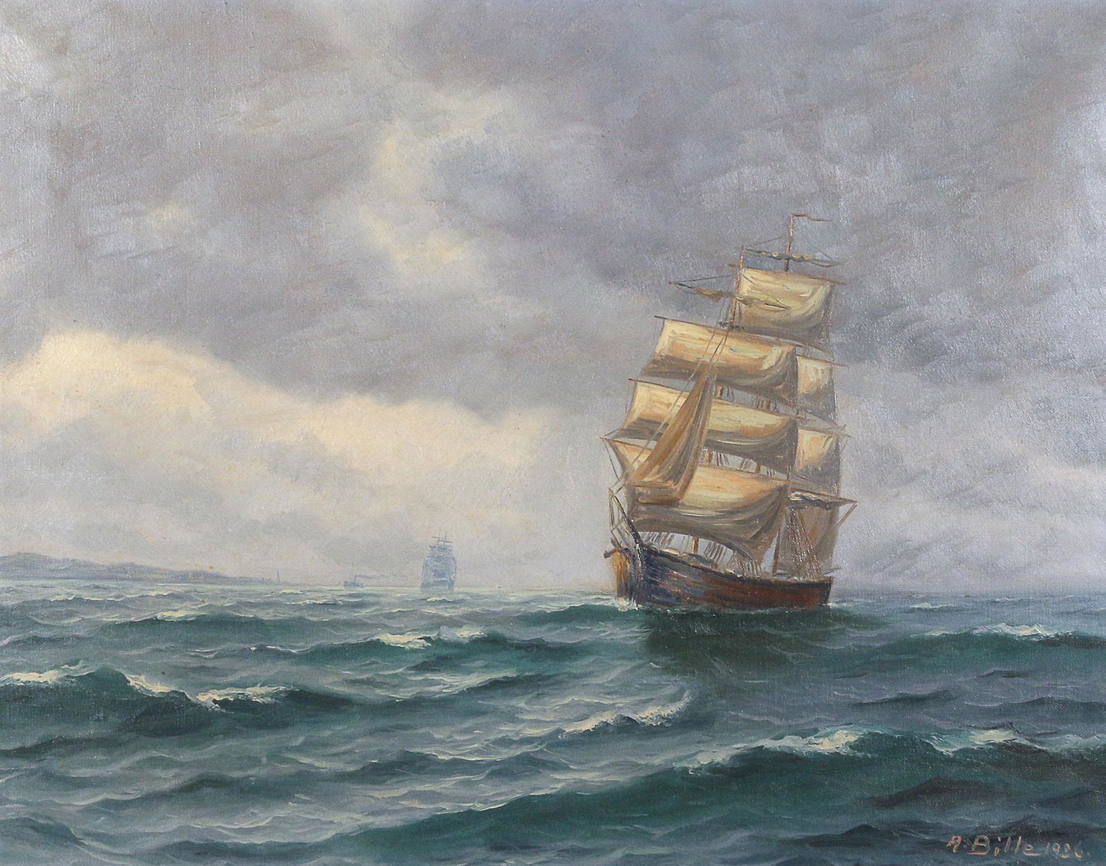 WILLY BILLE (Danish, 1889-1944): clipper ship at sea oil on canvas h. 20 w. 25 overall: 24 x 29 in., framed signed and dated 1926 lower right Provenance:Descent through the family of a Pound Ridge, NY nonagenarian lady